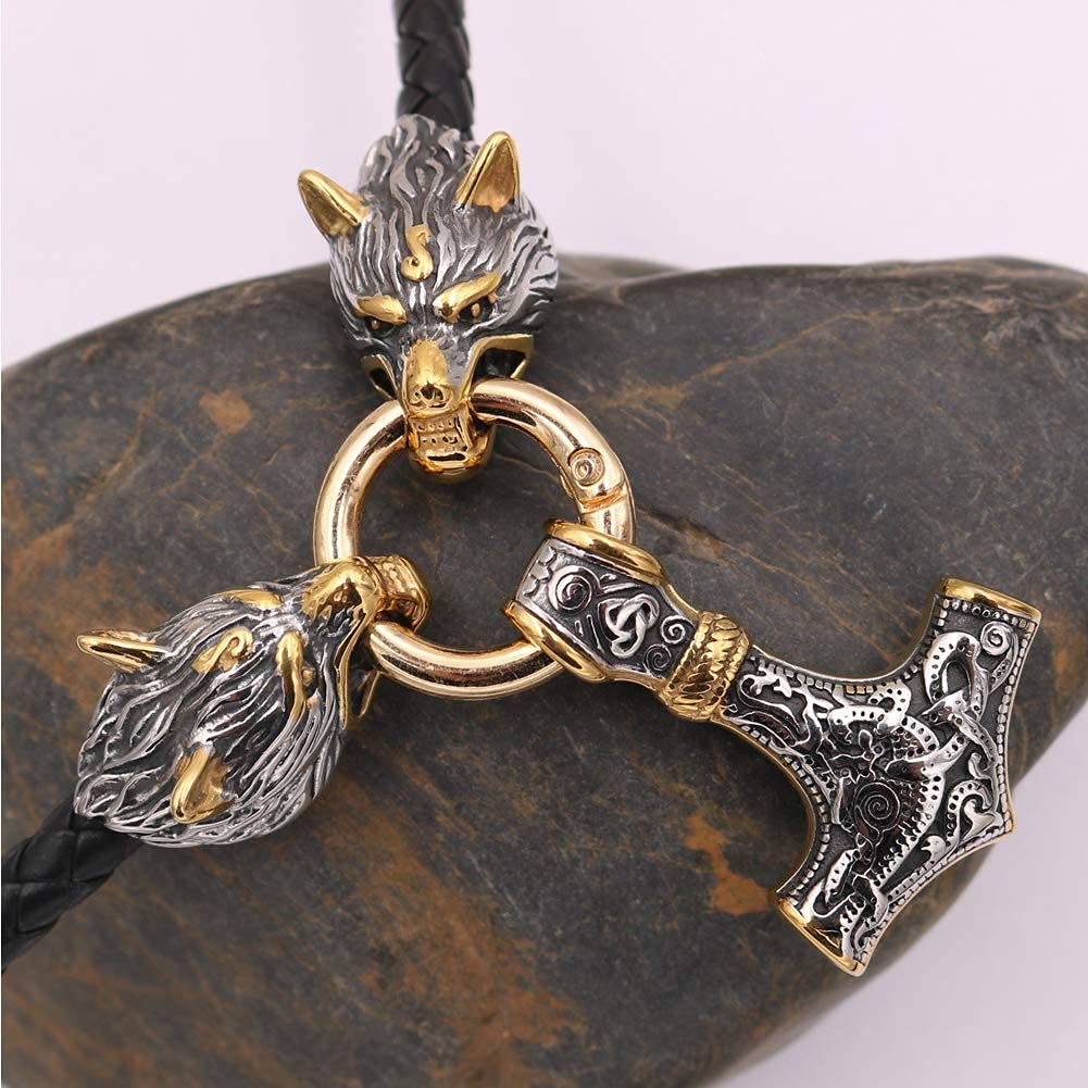 WorldNorse Viking Wolf Head Leather Necklace