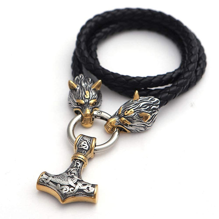 WorldNorse Viking Wolf Head Leather Necklace