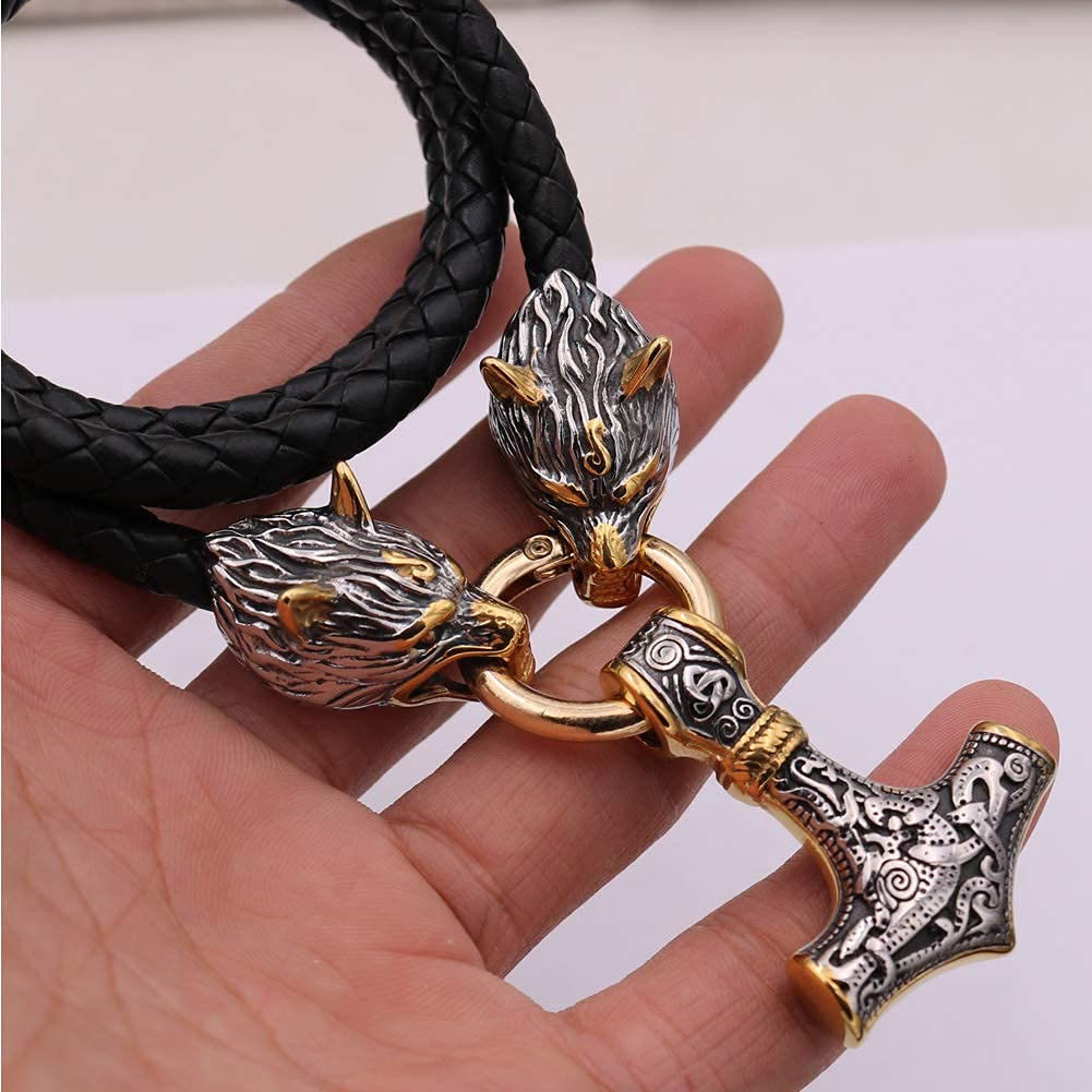 WorldNorse Viking Wolf Head Leather Necklace
