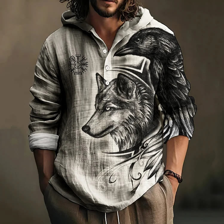 WorldNorse Wolf Raven Vegvisir Hooded Shirt