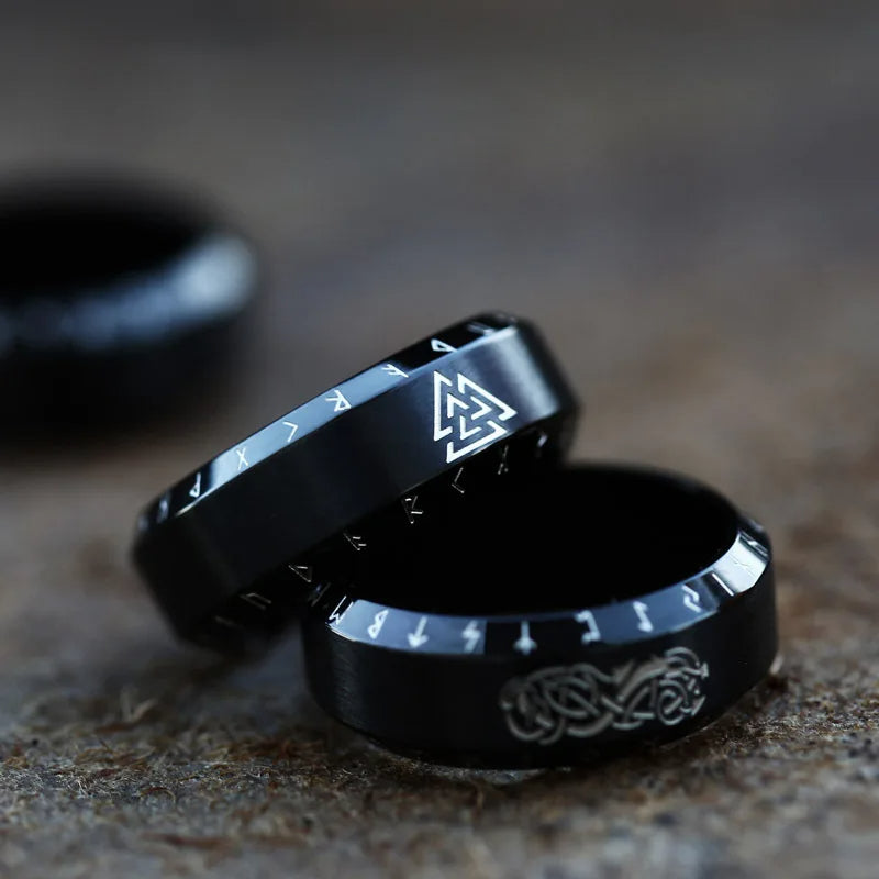 WorldNorse Norse Dragon Runes Stainless Steel Viking Ring - Black Valknut - UK Size Z（US 13) - image 1