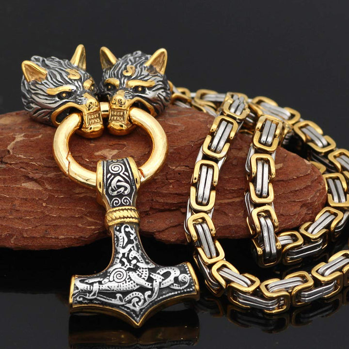WorldNorse Vintage Viking Mjolnir With Wolves Necklace & Bracelet