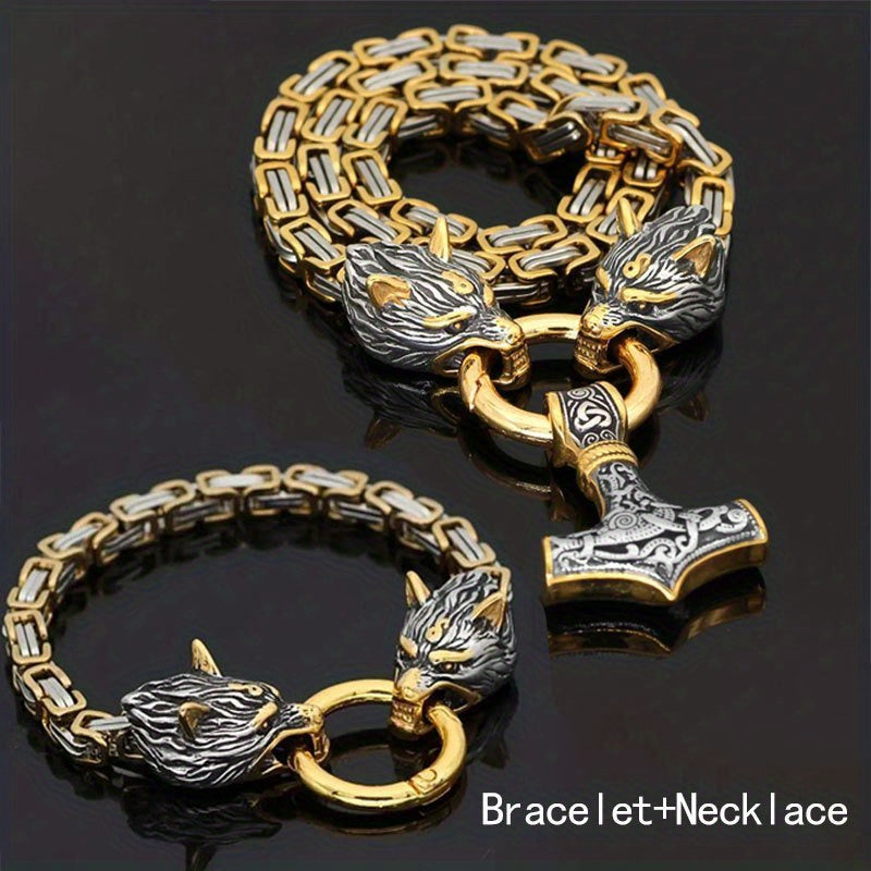 WorldNorse Vintage Viking Mjolnir With Wolves Necklace & Bracelet
