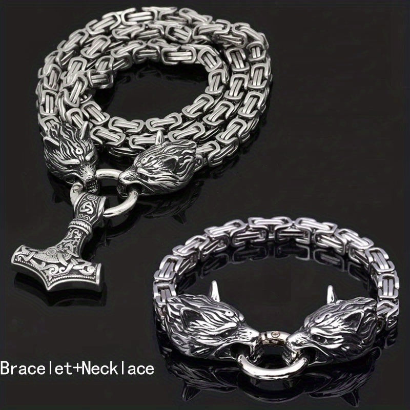WorldNorse Vintage Viking Mjolnir With Wolves Necklace & Bracelet