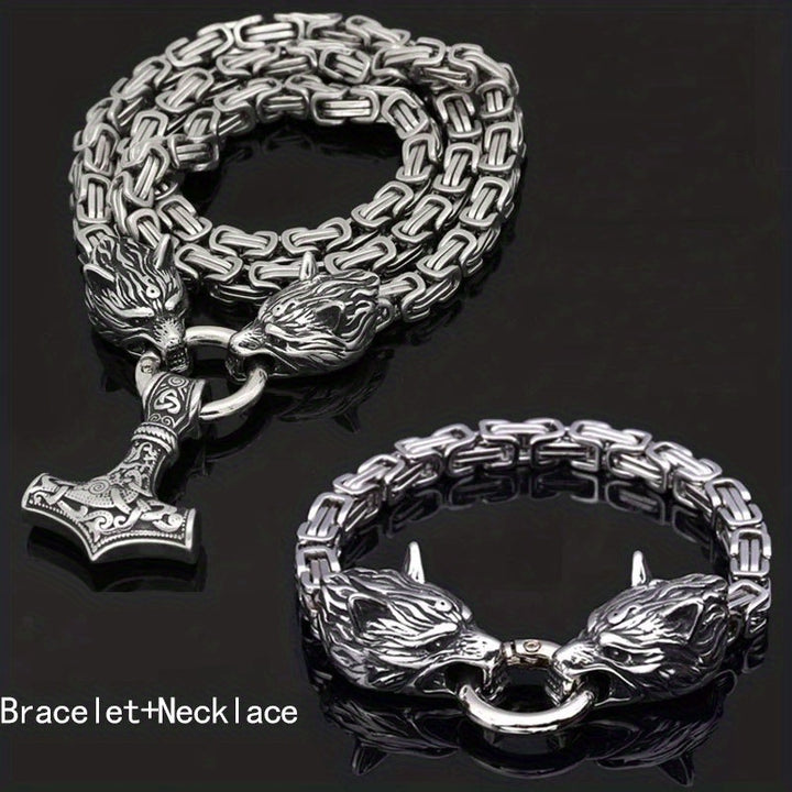 WorldNorse Vintage Viking Mjolnir With Wolves Necklace & Bracelet
