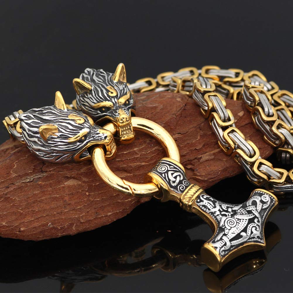 WorldNorse Vintage Viking Mjolnir With Wolves Necklace & Bracelet