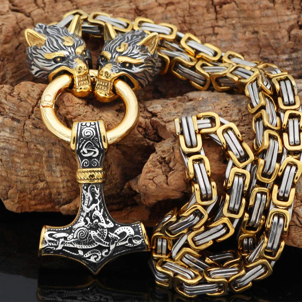 WorldNorse Vintage Viking Mjolnir With Wolves Necklace & Bracelet