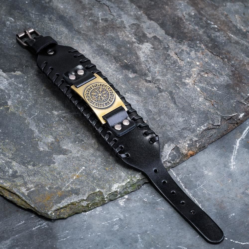 WorldNorse Genuine Leather Buckle Arm Cuff Vegvisir Metal Bracelet - image 9