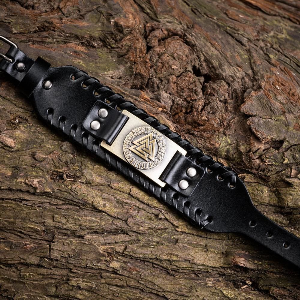 WorldNorse Genuine Leather Buckle Arm Cuff Valknut Rune Metal Bracelet - image 3
