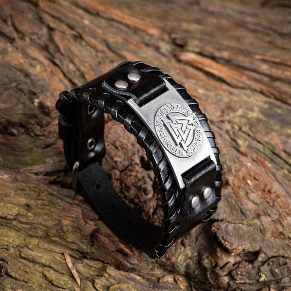 WorldNorse Genuine Leather Buckle Arm Cuff Valknut Rune Metal Bracelet - Retro Silver+Black Leather - image 0