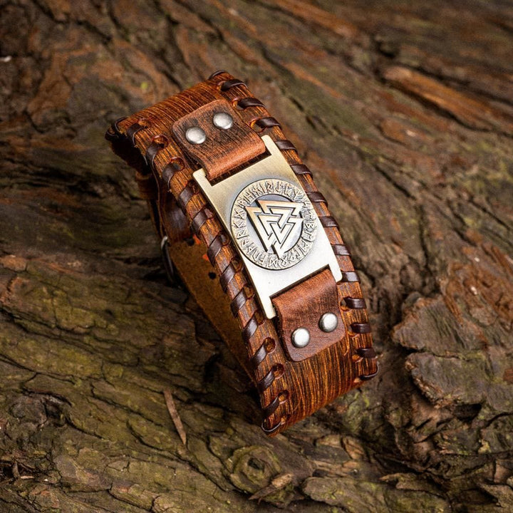 WorldNorse Genuine Leather Buckle Arm Cuff Valknut Rune Metal Bracelet - Retro Bronze+Brown Leather - image 8