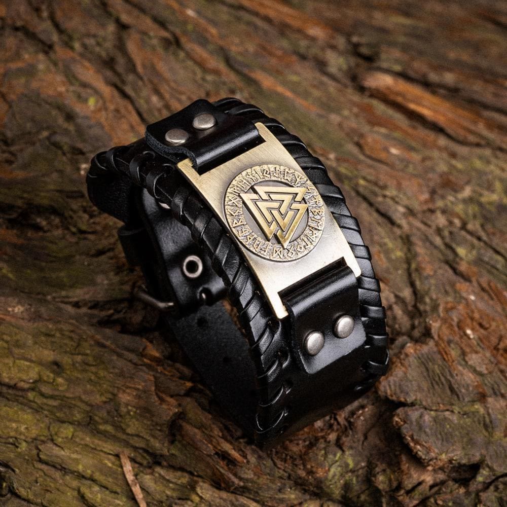 WorldNorse Genuine Leather Buckle Arm Cuff Valknut Rune Metal Bracelet - Retro Bronze+Black Leather - image 2