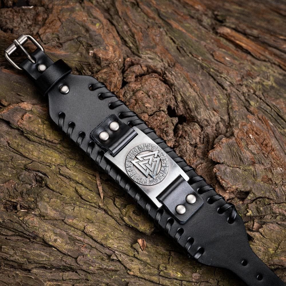 WorldNorse Genuine Leather Buckle Arm Cuff Valknut Rune Metal Bracelet - image 1