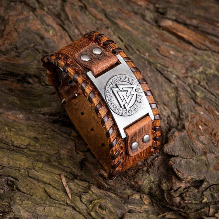 WorldNorse Genuine Leather Buckle Arm Cuff Valknut Rune Metal Bracelet - Retro Silver+Brown Leather - image 5