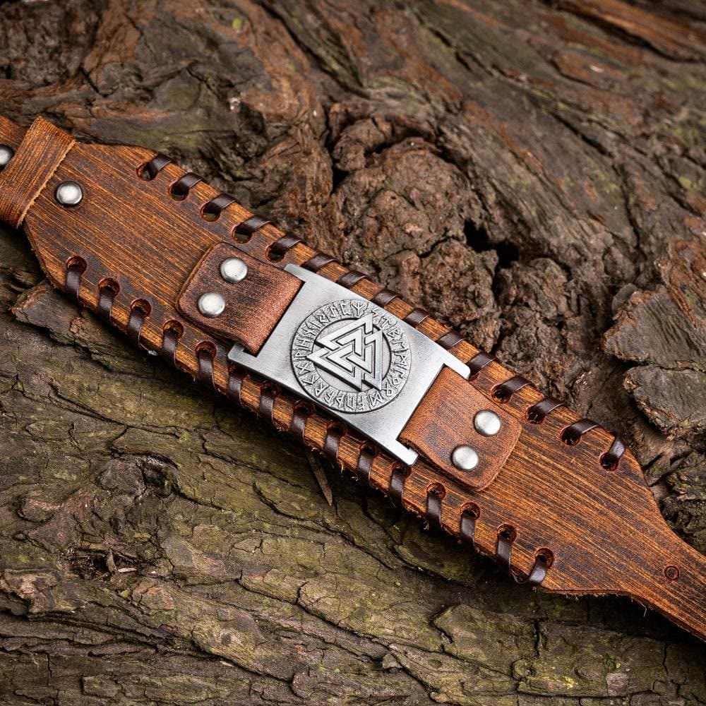WorldNorse Genuine Leather Buckle Arm Cuff Valknut Rune Metal Bracelet - image 6