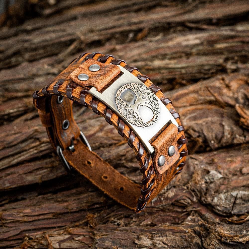 WorldNorse Genuine Leather Buckle Arm Cuff Yggdrasil Metal Bracelet - Retro Bronze+Brown Leather - image 4