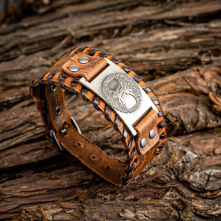 WorldNorse Genuine Leather Buckle Arm Cuff Yggdrasil Metal Bracelet - Retro Bronze+Brown Leather - image 4