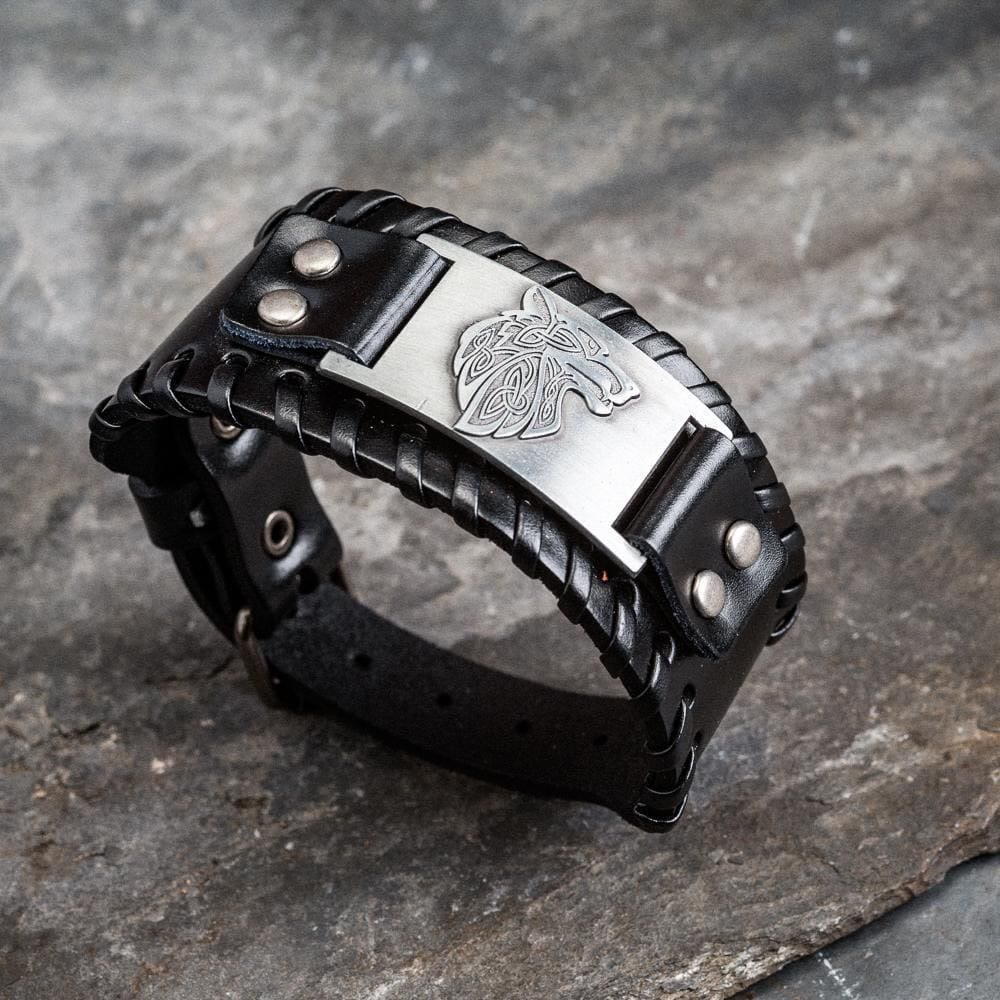 WorldNorse Genuine Leather Buckle Arm Cuff Wolves Metal Bracelet - Retro Silver+Black Leather - image 0