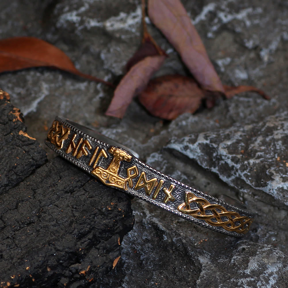 WorldNorse Celtic Knot Mjolnir Runes Stainless Steel Viking Bracelet - Silver&Gold - image 3