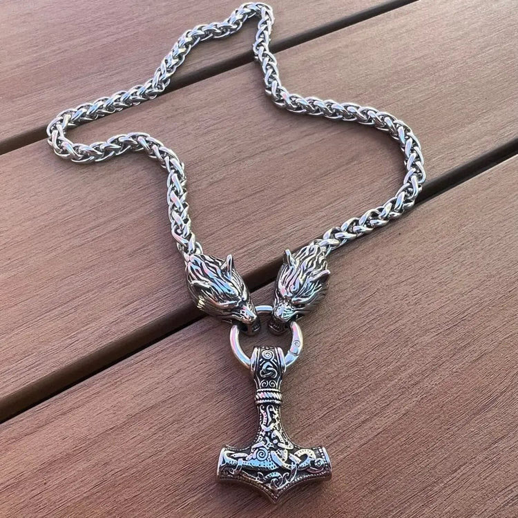 WorldNorse Vintage Viking Mjolnir With Wolves Necklace & Bracelet