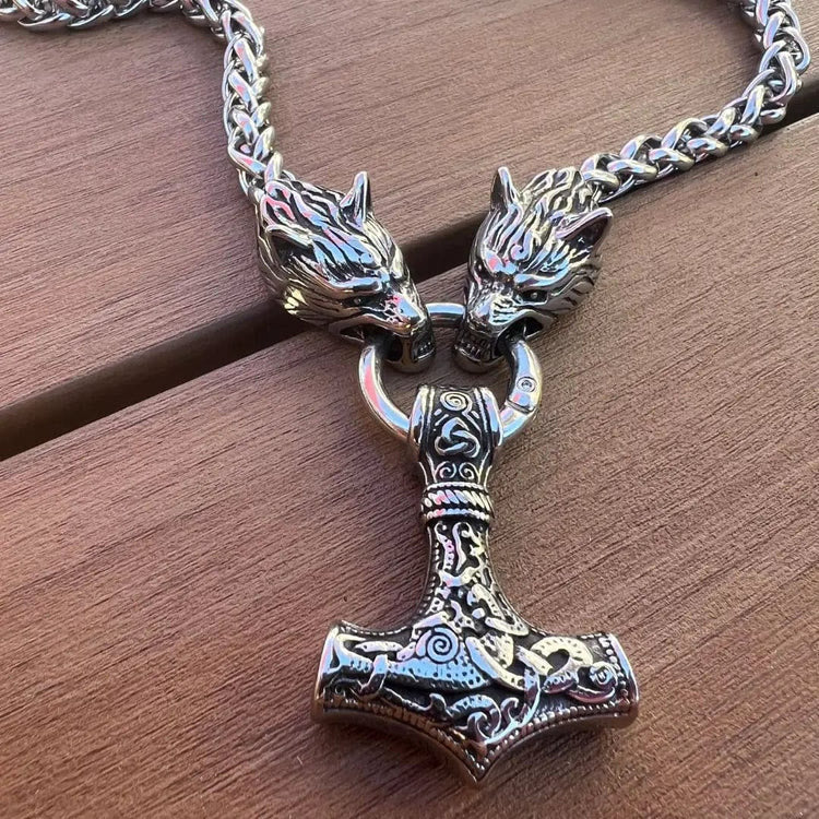 WorldNorse Vintage Viking Mjolnir With Wolves Necklace & Bracelet