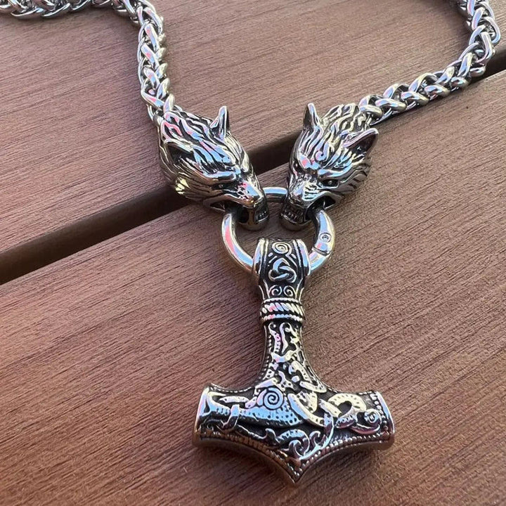 WorldNorse Vintage Viking Mjolnir With Wolves Necklace & Bracelet