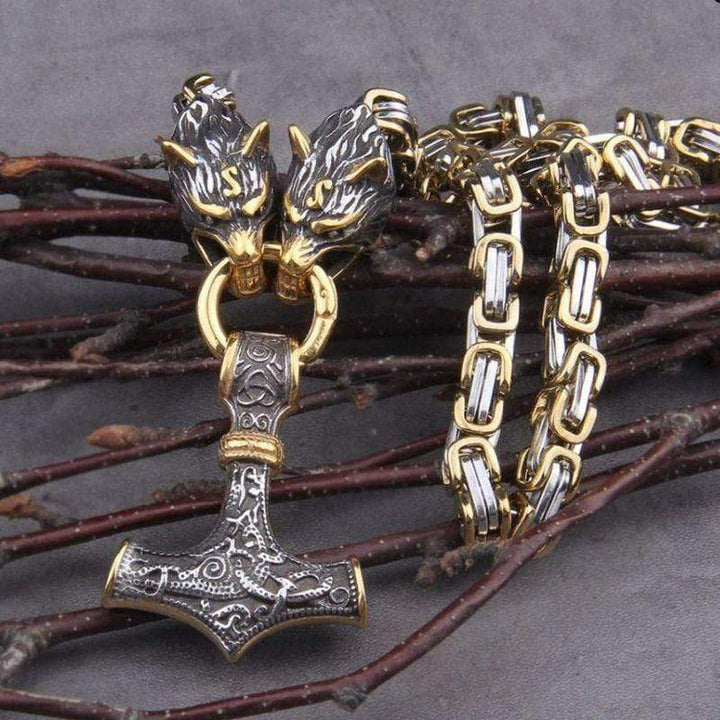 WorldNorse Vintage Viking Mjolnir With Wolves Necklace & Bracelet