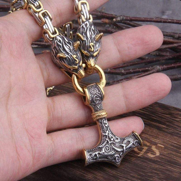 WorldNorse Vintage Viking Mjolnir With Wolves Necklace & Bracelet