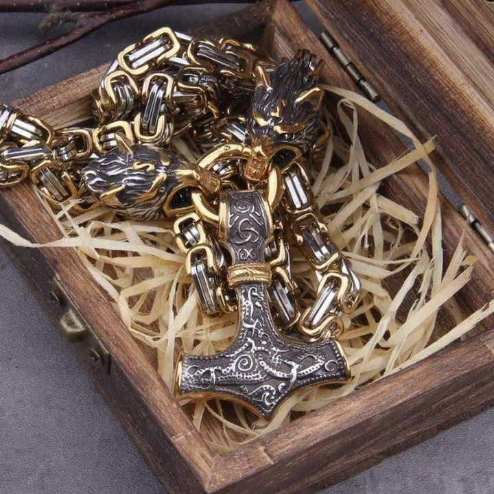 WorldNorse Vintage Viking Mjolnir With Wolves Necklace & Bracelet