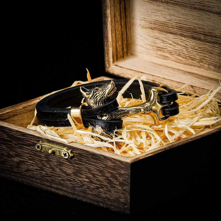 WorldNorse Wolf Fenrir's Head In Leather Bracelet