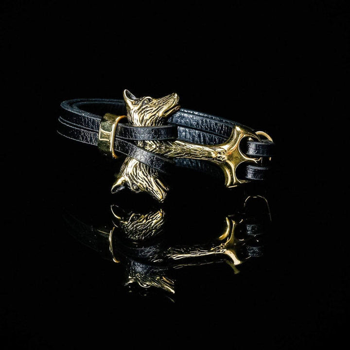 WorldNorse Wolf Fenrir's Head In Leather Bracelet