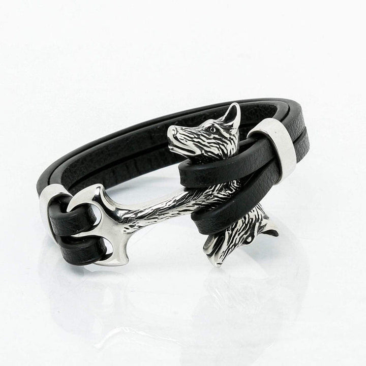 WorldNorse Wolf Fenrir's Head In Leather Bracelet