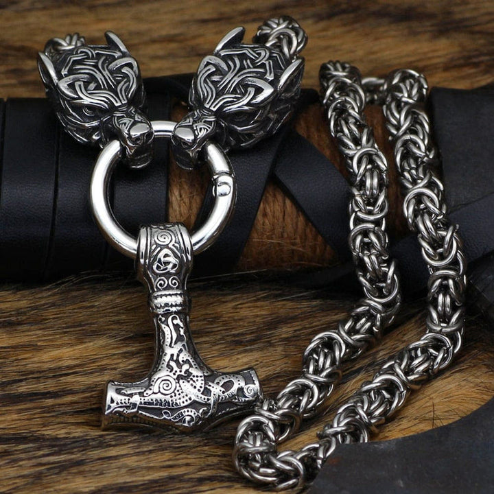 WorldNorse Wolves And Mjolnir's Power Necklace - Silver - 70cm - image 0