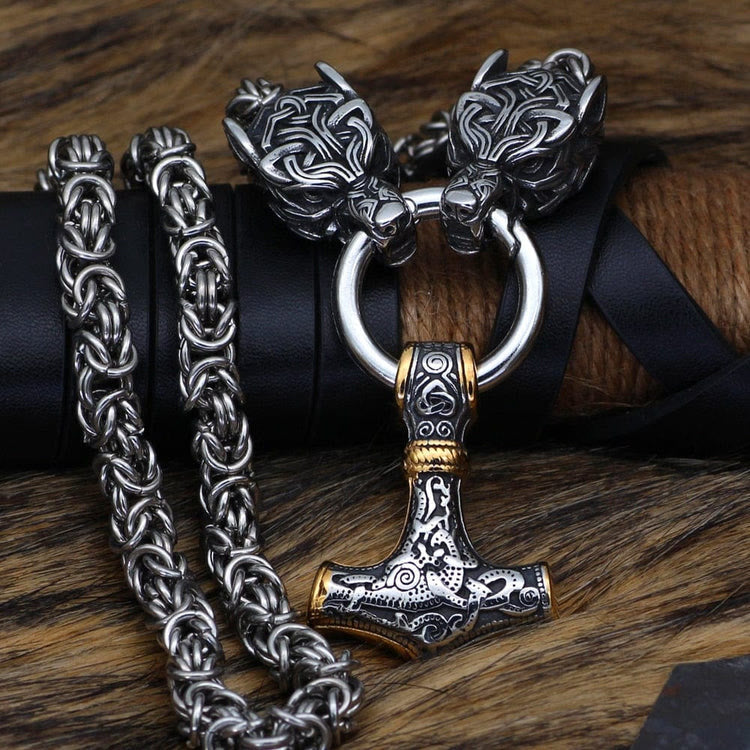WorldNorse Wolves And Mjolnir's Power Necklace - Silver & Gold - 70cm - image 2