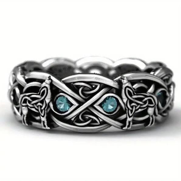 WorldNorse Medieval Celtic With Wolf Blue Topaz Ring - US 13 - image 0