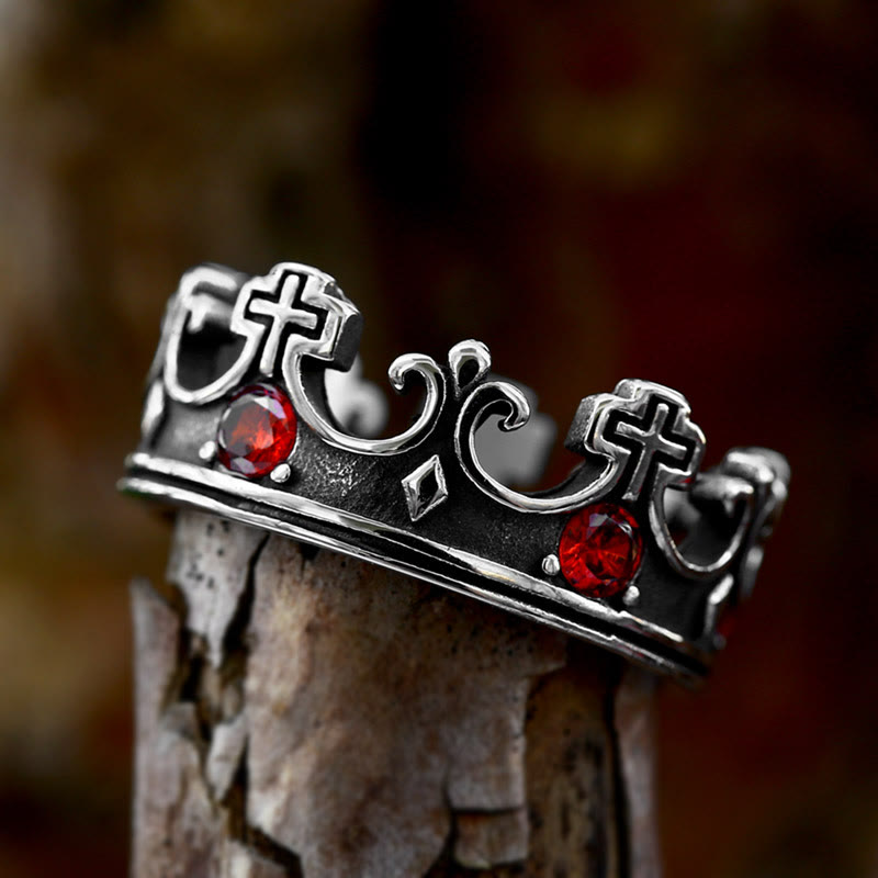 WorldNorse Gothic Crown Pattern Cross Abstract Ring - Silver & Red - UK Size Z（US 13) - image 1