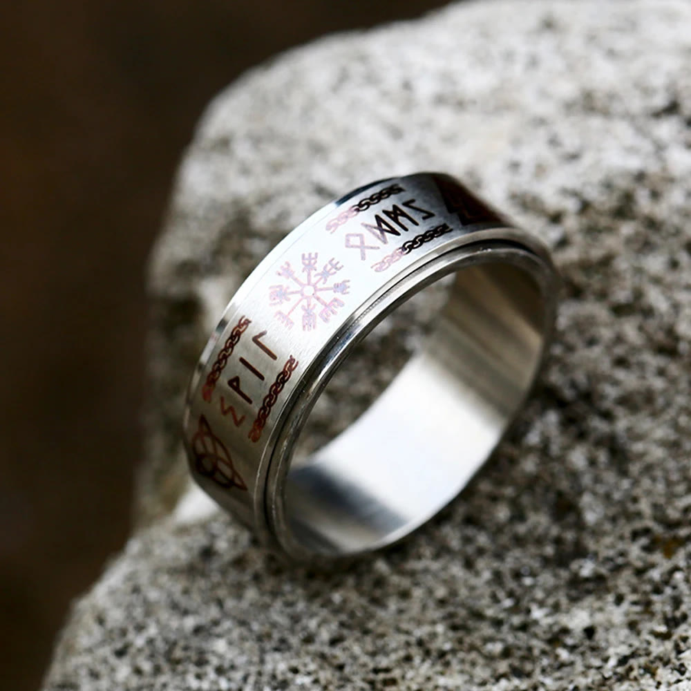 WorldNorse Rune Vegvisir Mjolnir Spinner Ring - Silver - UK Size Y (US 12) - image 1