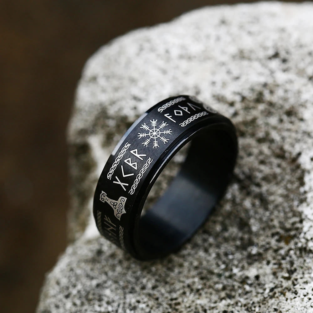 WorldNorse Rune Vegvisir Mjolnir Spinner Ring - Black - UK Size Y (US 12) - image 4