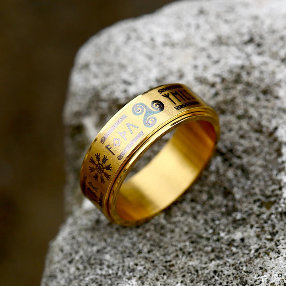 WorldNorse Rune Vegvisir Mjolnir Spinner Ring - Gold - UK Size Y (US 12) - image 11