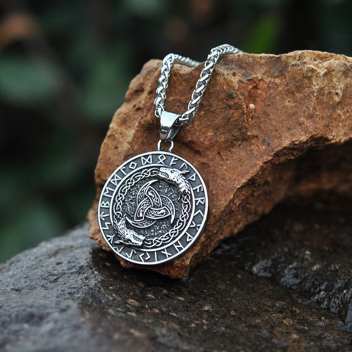 WorldNorse Viking Rune Triple Horn of Odin Dragon Necklace