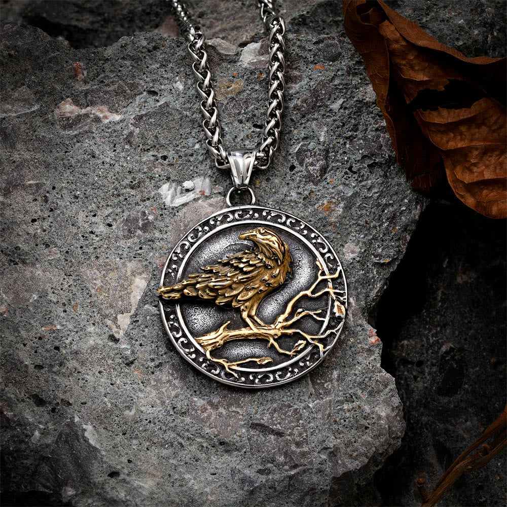 WorldNorse Vintage Embossed Raven Odin Necklace - Silver & Gold - image 0