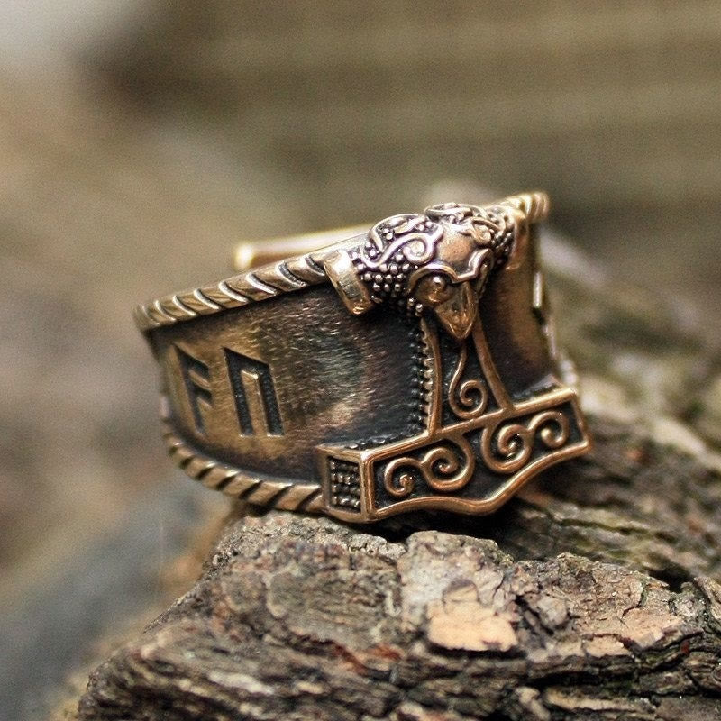 WorldNorse Classic Thor's Hammer Rune Viking Ring - Retro Bronze - UK Size Y (US 12) - image 6
