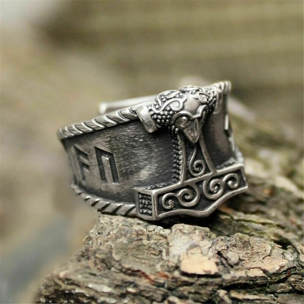 WorldNorse Classic Thor's Hammer Rune Viking Ring - Retro Silver - UK Size Y (US 12) - image 0