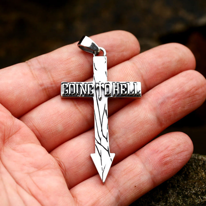 WorldNorse Cross With Arrow Going To Hell Biker Necklace