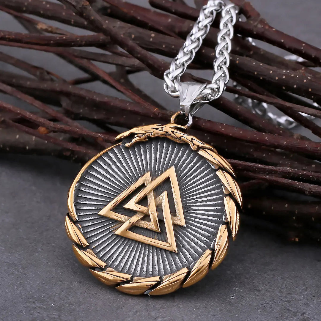 WorldNorse Double Side Valknut Triangle Vegvisir Compass Necklace - Silver&Gold - image 3