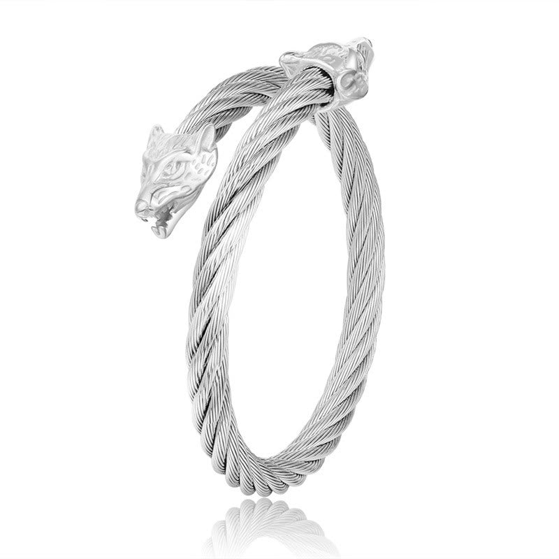 WorldNorse Wolf Head Twisted Open Bracelet - Silver - image 5
