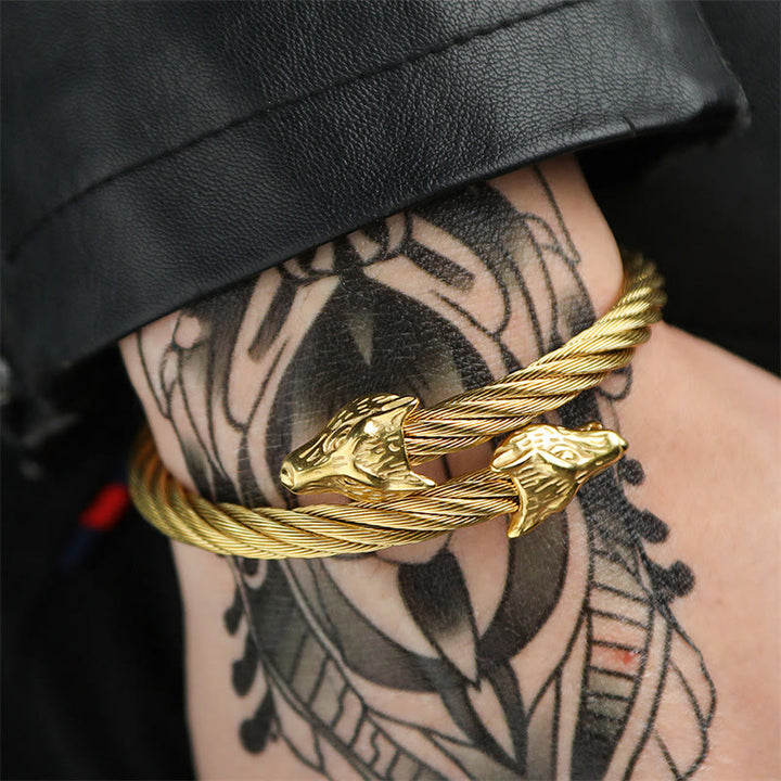 WorldNorse Wolf Head Twisted Open Bracelet