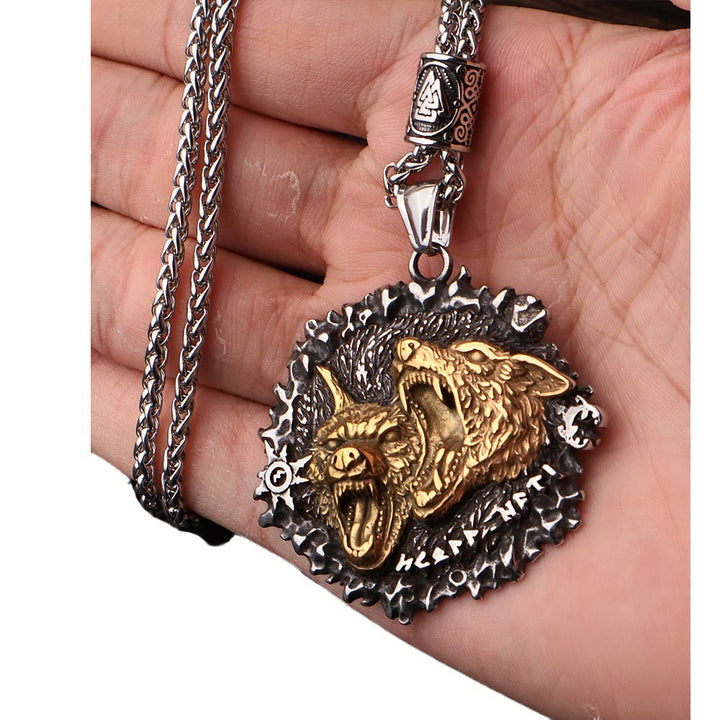 WorldNorse Norse Double Wolf Head Fierce Necklace