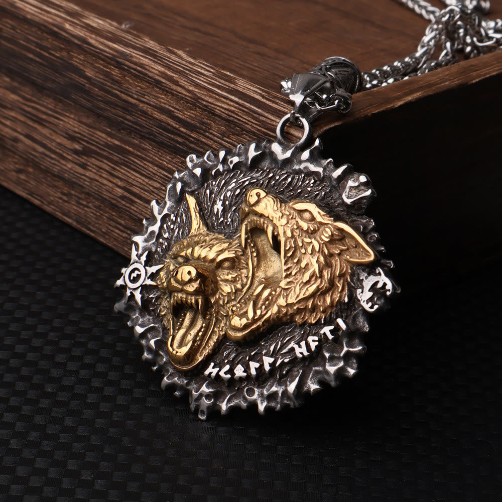 WorldNorse Norse Double Wolf Head Fierce Necklace