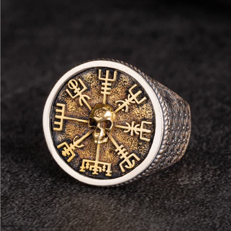 WorldNorse 925 Sterling Silver Vegvisir Skull Inlaid Ring - image 6